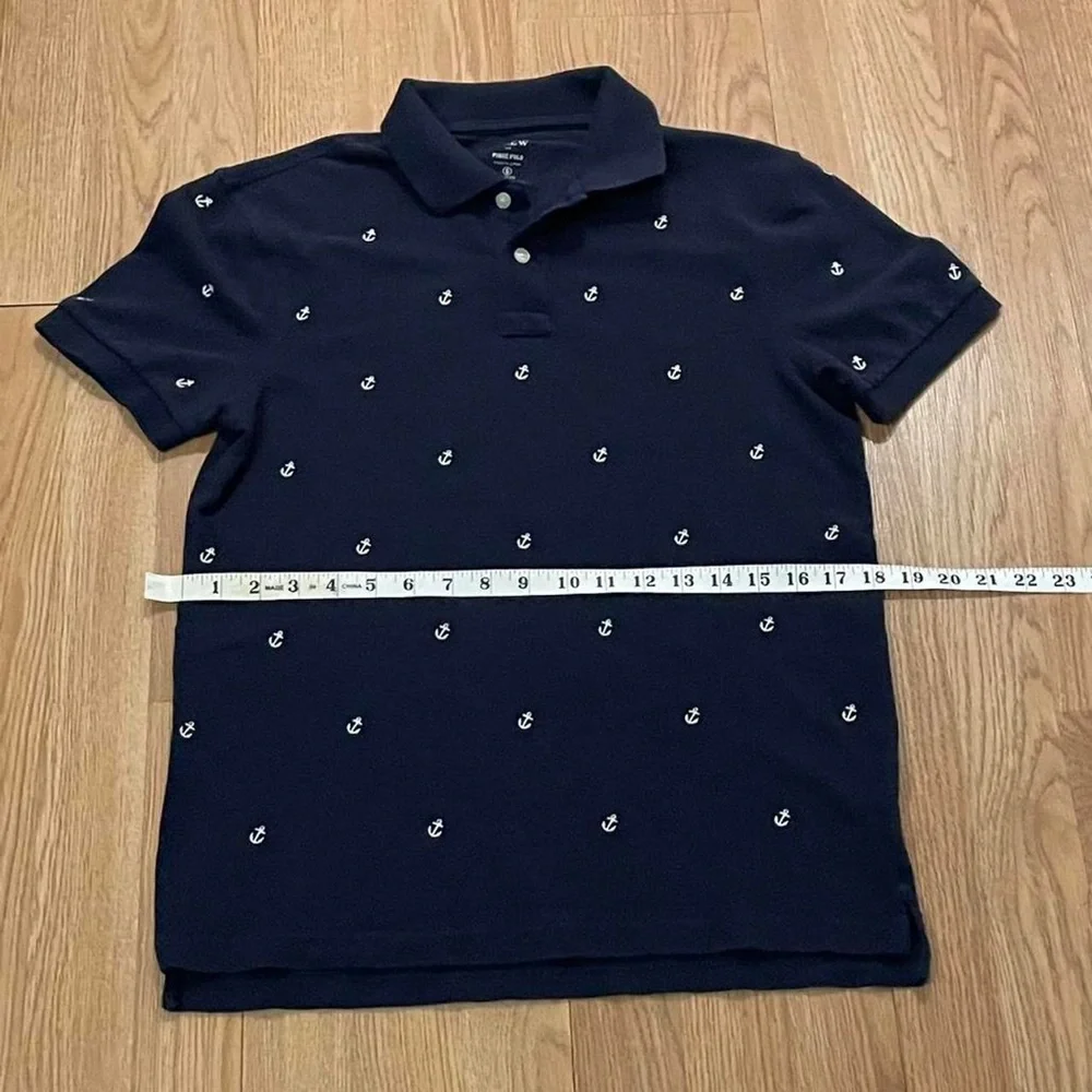 J.Crew Pique Polo Shirt Boys Small Anchor Print Slim Fit Short Sleeve Navy Blue